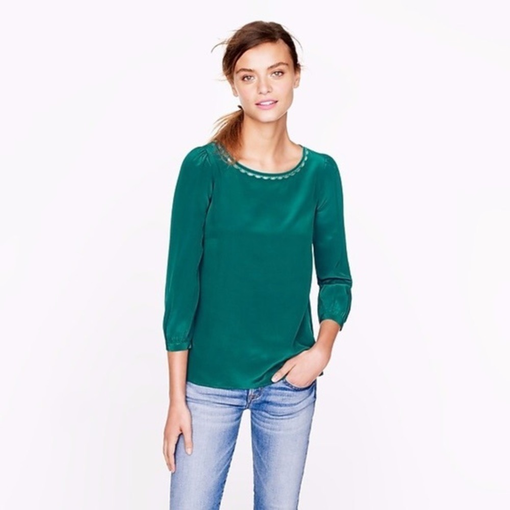 J. CREW Scalloped Cutout 100% Silk Top in Emerald Green
